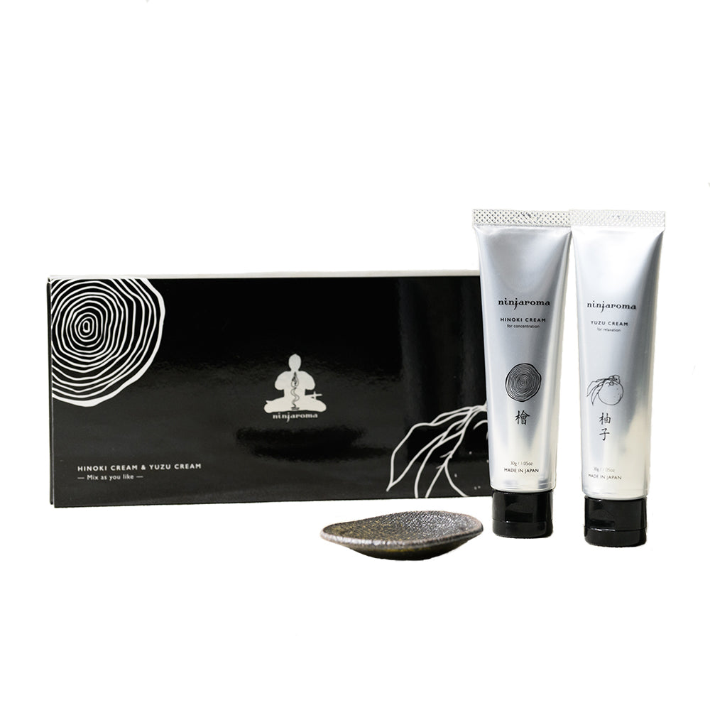ninjaroma アロマクリームセット ヒノキクリーム30g & ユズクリーム30g & 信楽焼調合皿セット 忍びの様に調合するアロマクリーム