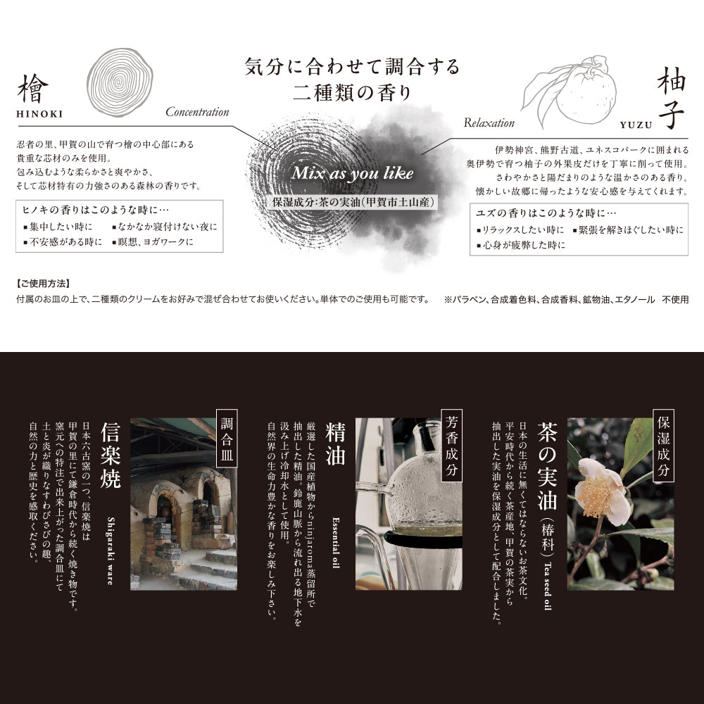ninjaroma アロマクリームセット ヒノキクリーム30g & ユズクリーム30g & 信楽焼調合皿セット 忍びの様に調合するアロマクリーム